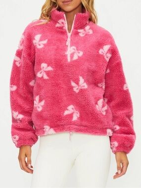 Beach Riot Pink Sherpa Half-Zip Sweater with White Bow Motifs